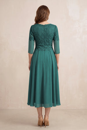 Peacock Teal Embroidered Chiffon A-Line Midi Mother of the Bride Dress (2) | KISSBRIDAL