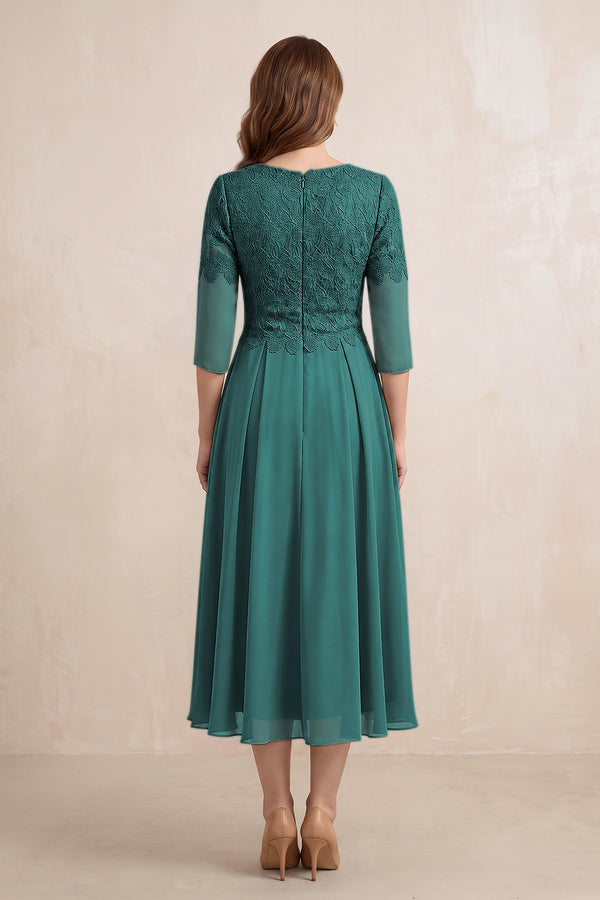 Peacock Teal Embroidered Chiffon A-Line Midi Mother of the Bride Dress (2) | KISSBRIDAL