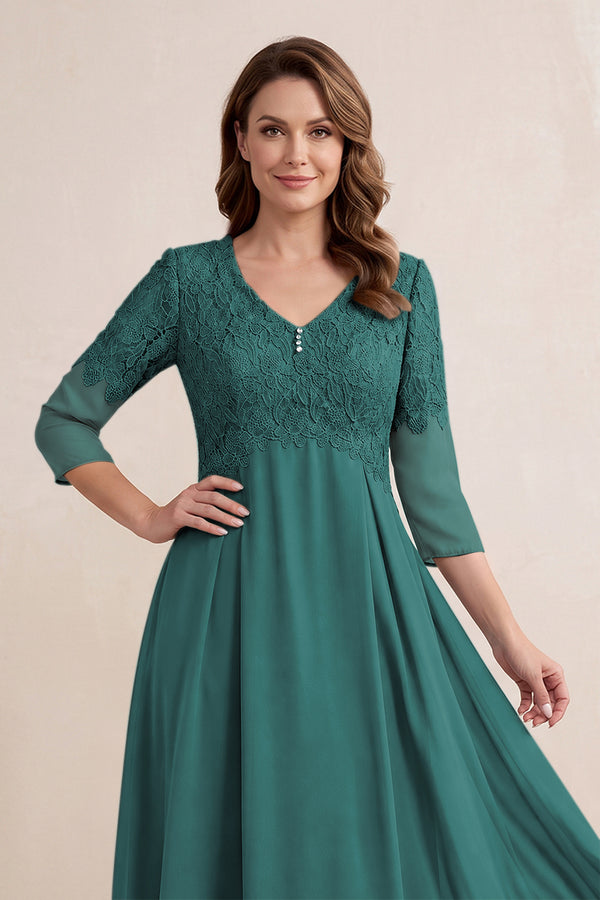 Peacock Teal Embroidered Chiffon A-Line Midi Mother of the Bride Dress (3) | KISSBRIDAL