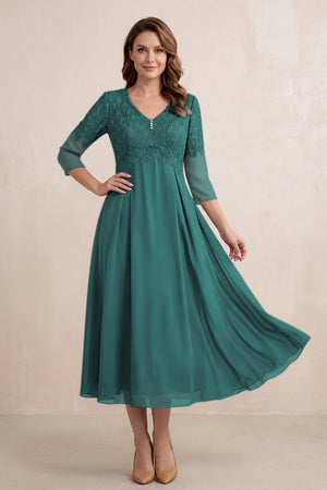 Peacock Teal Embroidered Chiffon A-Line Midi Mother of the Bride Dress | KISSBRIDAL