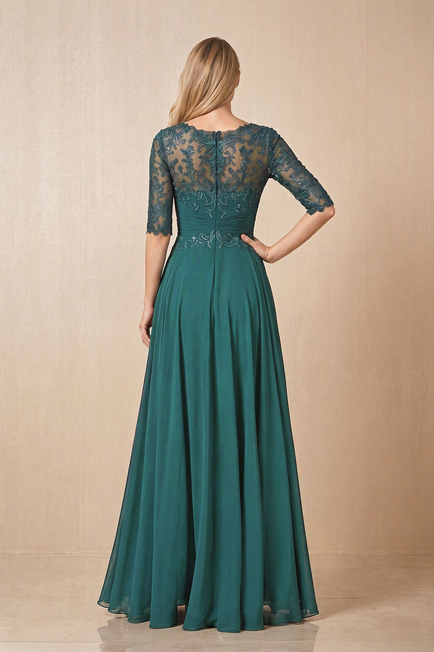 Peacock Teal Embroidered Chiffon Boat Neck A-Line Mother of the Bride Dress with Half Sleeves