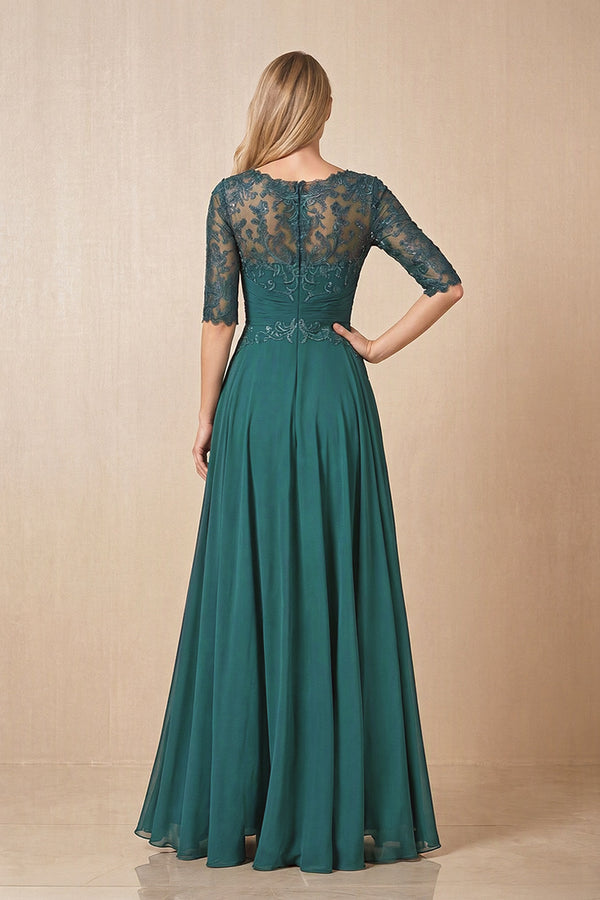 Peacock Teal Embroidered Chiffon Boat Neck A-Line Mother of the Bride Dress with Half Sleeves (2) | KISSBRIDAL