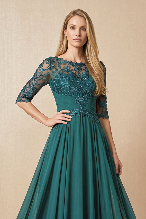 Peacock Teal Embroidered Chiffon Boat Neck A-Line Mother of the Bride Dress with Half Sleeves (3) | KISSBRIDAL