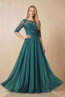 Peacock Teal Embroidered Chiffon Boat Neck A-Line Mother of the Bride Dress with Half Sleeves | KISSBRIDAL