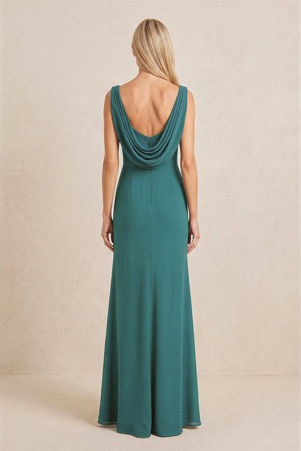 Peacock Teal Embroidered Cowl Neck Sheath Chiffon Mother of the Bride Dress (2) | KISSBRIDAL