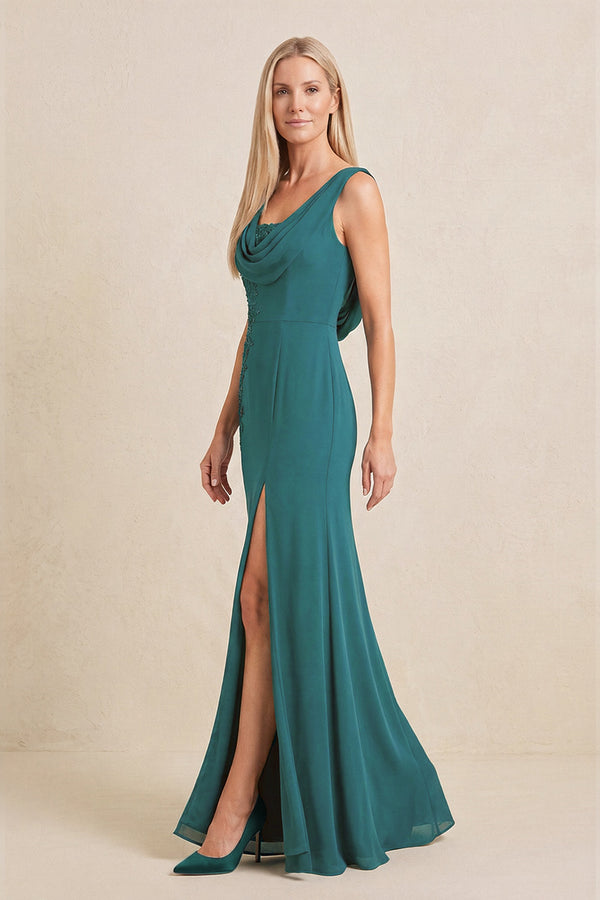 Peacock Teal Embroidered Cowl Neck Sheath Chiffon Mother of the Bride Dress (3) | KISSBRIDAL