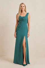 Peacock Teal Embroidered Cowl Neck Sheath Chiffon Mother of the Bride Dress | KISSBRIDAL