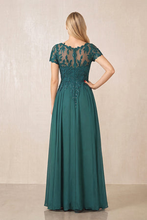 Peacock Teal Illusion Neck A-Line Chiffon Cap Sleeves Mother of the Bride Dress (2) | KISSBRIDAL