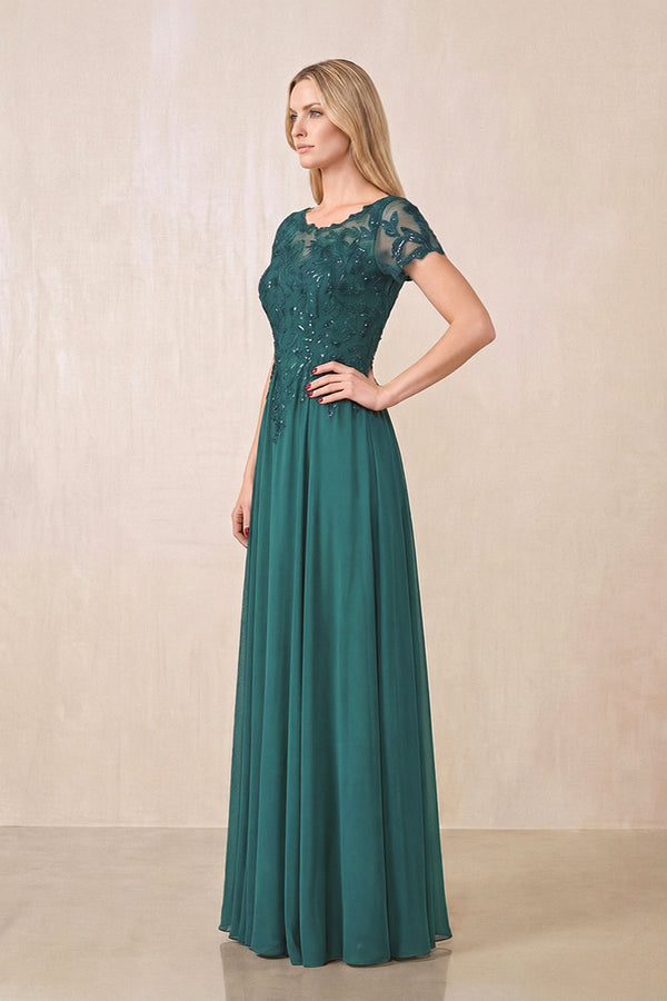 Peacock Teal Illusion Neck A-Line Chiffon Cap Sleeves Mother of the Bride Dress (3) | KISSBRIDAL