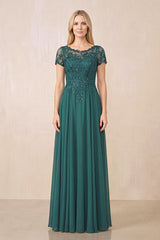 Peacock Teal Illusion Neck A-Line Chiffon Cap Sleeves Mother of the Bride Dress | KISSBRIDAL
