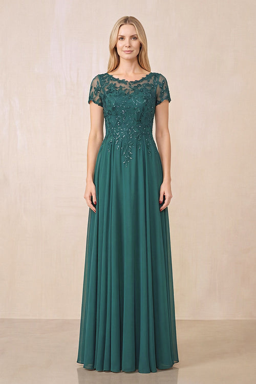 Peacock Teal Illusion Neck A-Line Chiffon Cap Sleeves Mother of the Bride Dress | KISSBRIDAL