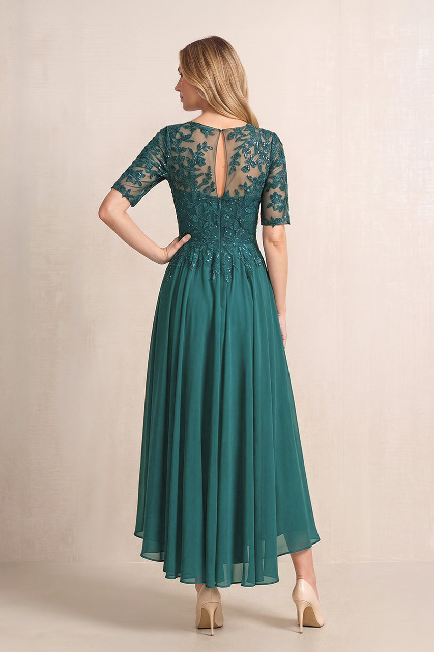 Peacock Teal Illusion Neck A-Line Chiffon Lace Midi Mother of the Bride Dress with Half Sleeves