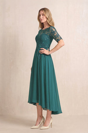 Peacock Teal Illusion Neck A-Line Chiffon Lace Midi Mother of the Bride Dress with Half Sleeves (3) | KISSBRIDAL