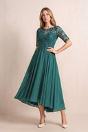 Peacock Teal Illusion Neck A-Line Chiffon Lace Midi Mother of the Bride Dress with Half Sleeves | KISSBRIDAL