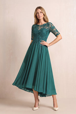 Peacock Teal Illusion Neck A-Line Chiffon Lace Midi Mother of the Bride Dress with Half Sleeves | KISSBRIDAL