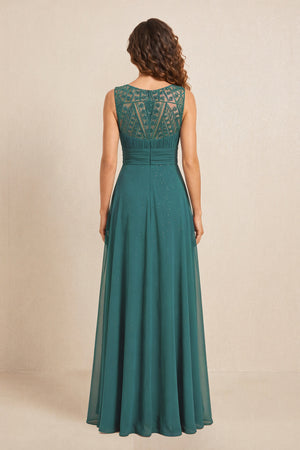 Peacock Teal Illusion Neck A-Line Satin Embroidered Pleated Mother of the Bride Dress (2) | KISSBRIDAL