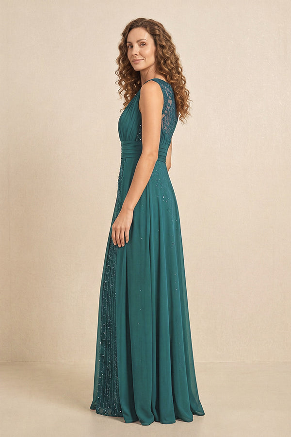 Peacock Teal Illusion Neck A-Line Satin Embroidered Pleated Mother of the Bride Dress (3) | KISSBRIDAL