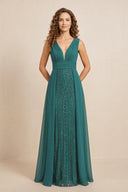 Peacock Teal Illusion Neck A-Line Satin Embroidered Pleated Mother of the Bride Dress | KISSBRIDAL