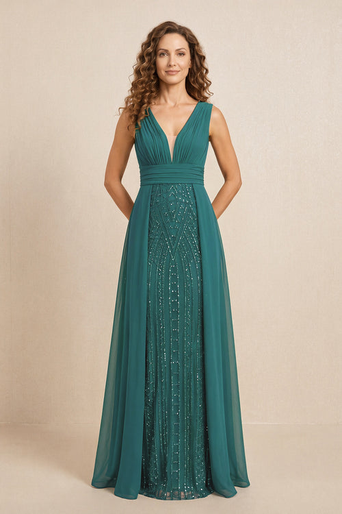 Peacock Teal Illusion Neck A-Line Satin Embroidered Pleated Mother of the Bride Dress | KISSBRIDAL