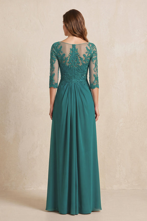 Peacock Teal Illusion Neck Sheath Embroidered Chiffon Mother of the Bride Dress with Half Sleeves (2) | KISSBRIDAL