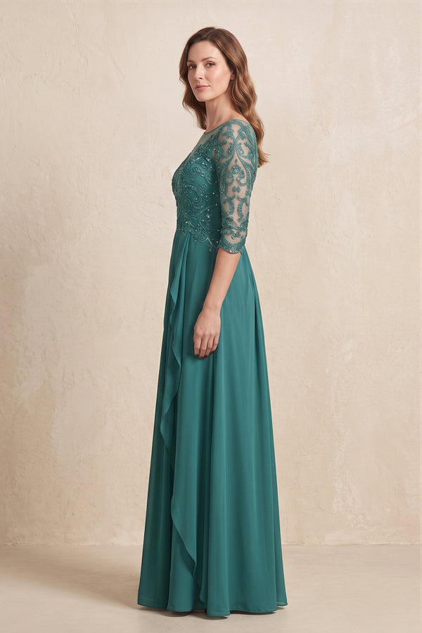 Peacock Teal Illusion Neck Sheath Embroidered Chiffon Mother of the Bride Dress with Half Sleeves (3) | KISSBRIDAL