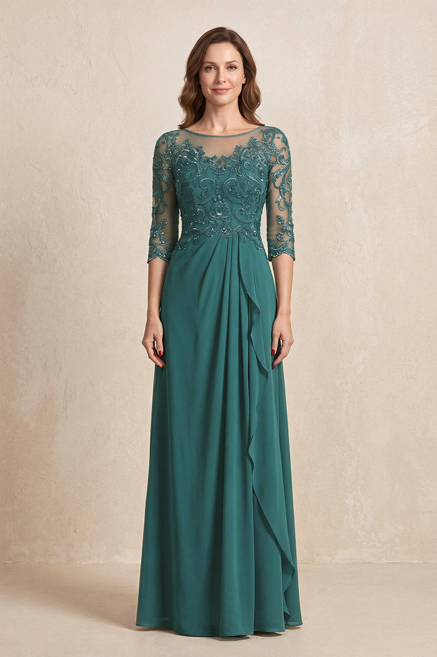 Peacock Teal Illusion Neck Sheath Embroidered Chiffon Mother of the Bride Dress with Half Sleeves