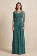 Peacock Teal Illusion Neck Sheath Embroidered Chiffon Mother of the Bride Dress with Half Sleeves | KISSBRIDAL