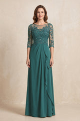 Peacock Teal Illusion Neck Sheath Embroidered Chiffon Mother of the Bride Dress with Half Sleeves | KISSBRIDAL