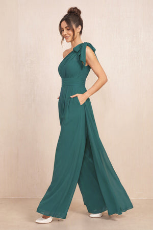 Peacock Teal One-Shoulder Chiffon Mother of the Bride Jumpsuits (3) | KISSBRIDAL