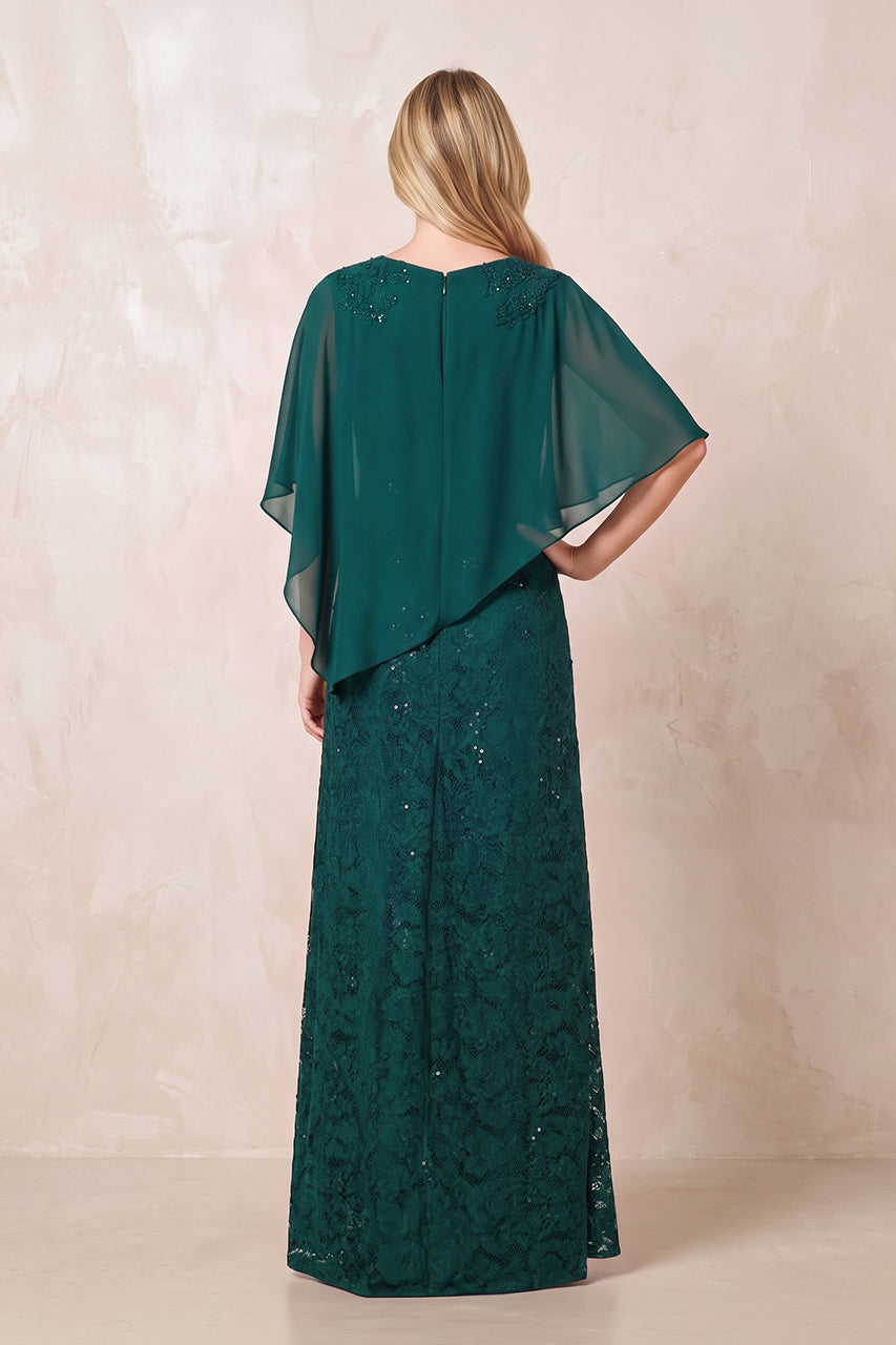 Peacock Teal Round Neck Lace Sheath Chiffon Cape Sleeves Mother of the Bride Dress