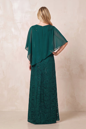 Peacock Teal Round Neck Lace Sheath Chiffon Cape Sleeves Mother of the Bride Dress (2) | KISSBRIDAL