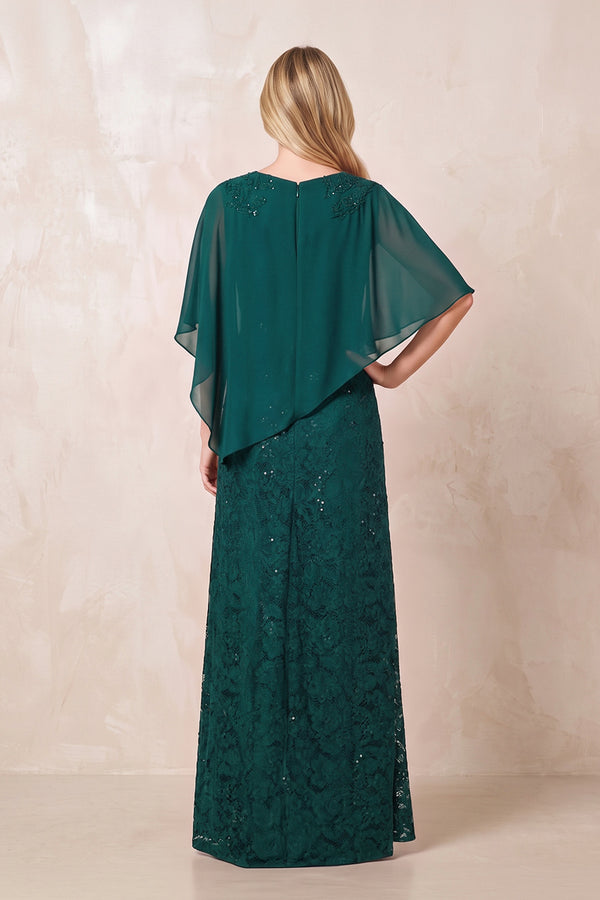 Peacock Teal Round Neck Lace Sheath Chiffon Cape Sleeves Mother of the Bride Dress (2) | KISSBRIDAL