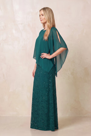 Peacock Teal Round Neck Lace Sheath Chiffon Cape Sleeves Mother of the Bride Dress (3) | KISSBRIDAL