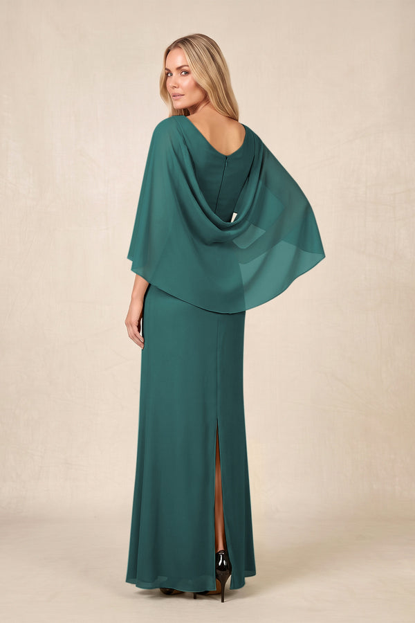 Peacock Teal Round Neck Sheath Chiffon Cape Sleeves Ruched Mother of the Bride Dress (2) | KISSBRIDAL