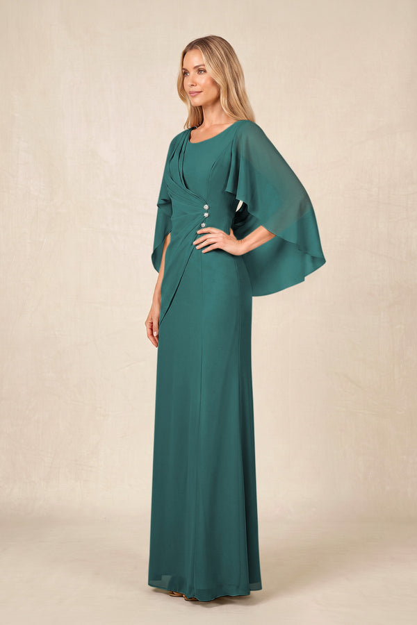 Peacock Teal Round Neck Sheath Chiffon Cape Sleeves Ruched Mother of the Bride Dress (3) | KISSBRIDAL