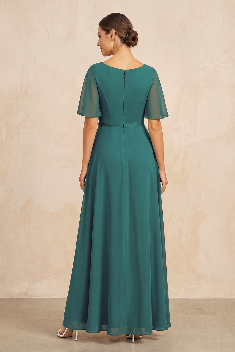 Peacock Teal Ruched A-Line Chiffon V-Neck Mother of the Bride Dress with Sleeves