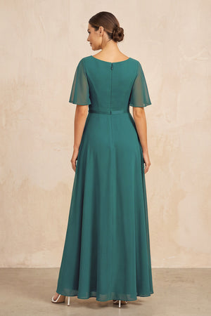 Peacock Teal Ruched A-Line Chiffon V-Neck Mother of the Bride Dress with Sleeves (2) | KISSBRIDAL