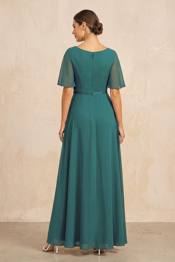 Peacock Teal Ruched A-Line Chiffon V-Neck Mother of the Bride Dress with Sleeves (2) | KISSBRIDAL