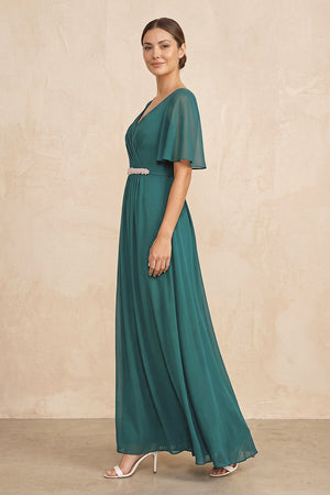 Peacock Teal Ruched A-Line Chiffon V-Neck Mother of the Bride Dress with Sleeves (3) | KISSBRIDAL