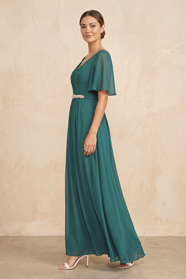 Peacock Teal Ruched A-Line Chiffon V-Neck Mother of the Bride Dress with Sleeves (3) | KISSBRIDAL