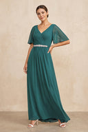 Peacock Teal Ruched A-Line Chiffon V-Neck Mother of the Bride Dress with Sleeves | KISSBRIDAL