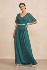 Peacock Teal Ruched A-Line Chiffon V-Neck Mother of the Bride Dress with Sleeves | KISSBRIDAL