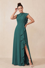 Peacock Teal Ruffled A-Line Chiffon Mother of the Bride Dress | KISSBRIDAL