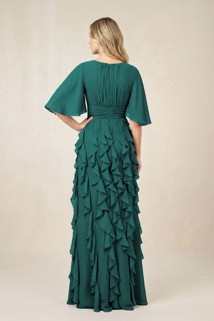 Peacock Teal Ruffled Chiffon Half Sleeves A-Line Mother of the Bride Dress (2) | KISSBRIDAL