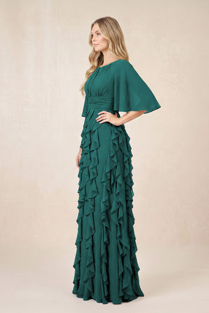 Peacock Teal Ruffled Chiffon Half Sleeves A-Line Mother of the Bride Dress (3) | KISSBRIDAL