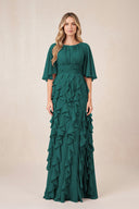 Peacock Teal Ruffled Chiffon Half Sleeves A-Line Mother of the Bride Dress | KISSBRIDAL