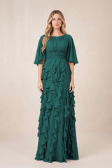 Peacock Teal Ruffled Chiffon Half Sleeves A-Line Mother of the Bride Dress | KISSBRIDAL