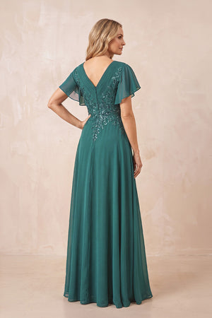 Peacock Teal V-Neck Chiffon Ruffled Sleeves A-Line Mother of the Bride Dress (2) | KISSBRIDAL