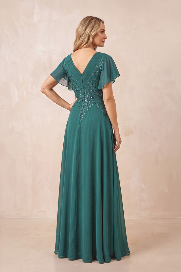 Peacock Teal V-Neck Chiffon Ruffled Sleeves A-Line Mother of the Bride Dress (2) | KISSBRIDAL
