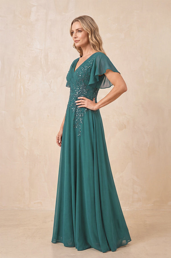 Peacock Teal V-Neck Chiffon Ruffled Sleeves A-Line Mother of the Bride Dress (3) | KISSBRIDAL